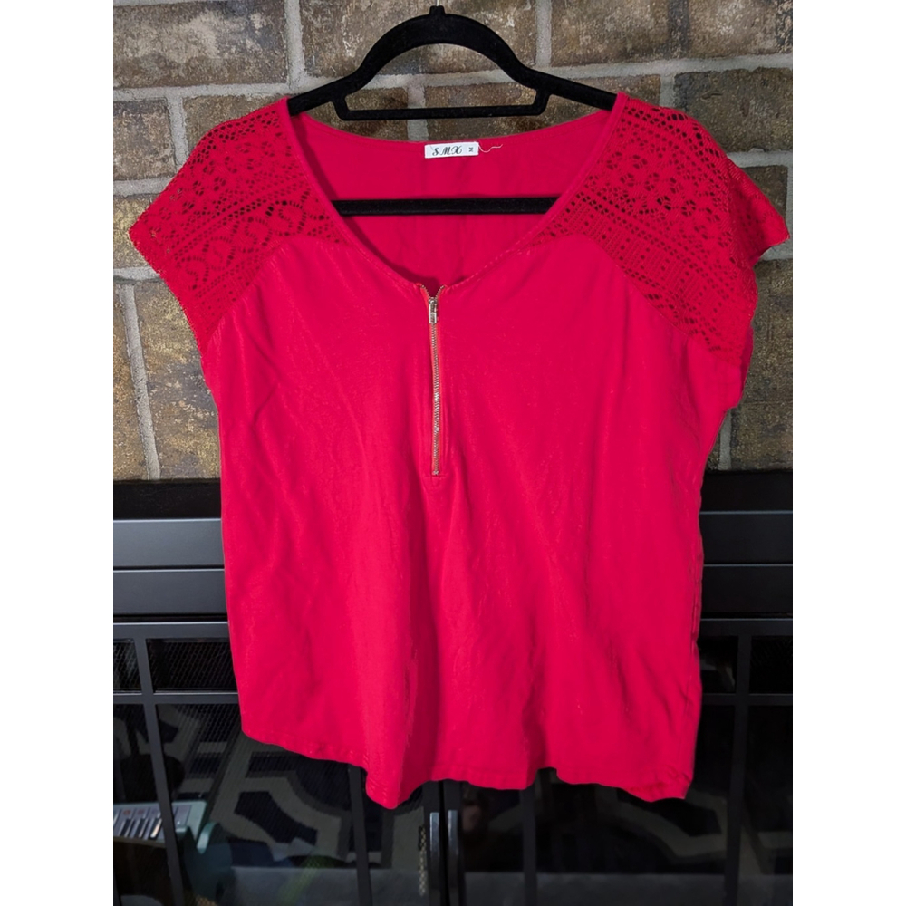 SMX Women's Size M Cotton Half Zip Lace Short Sleeve Blouse Red Cottagecore Boho